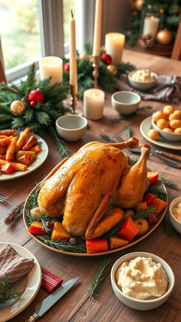 A rustic Christmas dinner featuring a roasted turkey, root vegetables, and mashed potatoes on a decorated table.